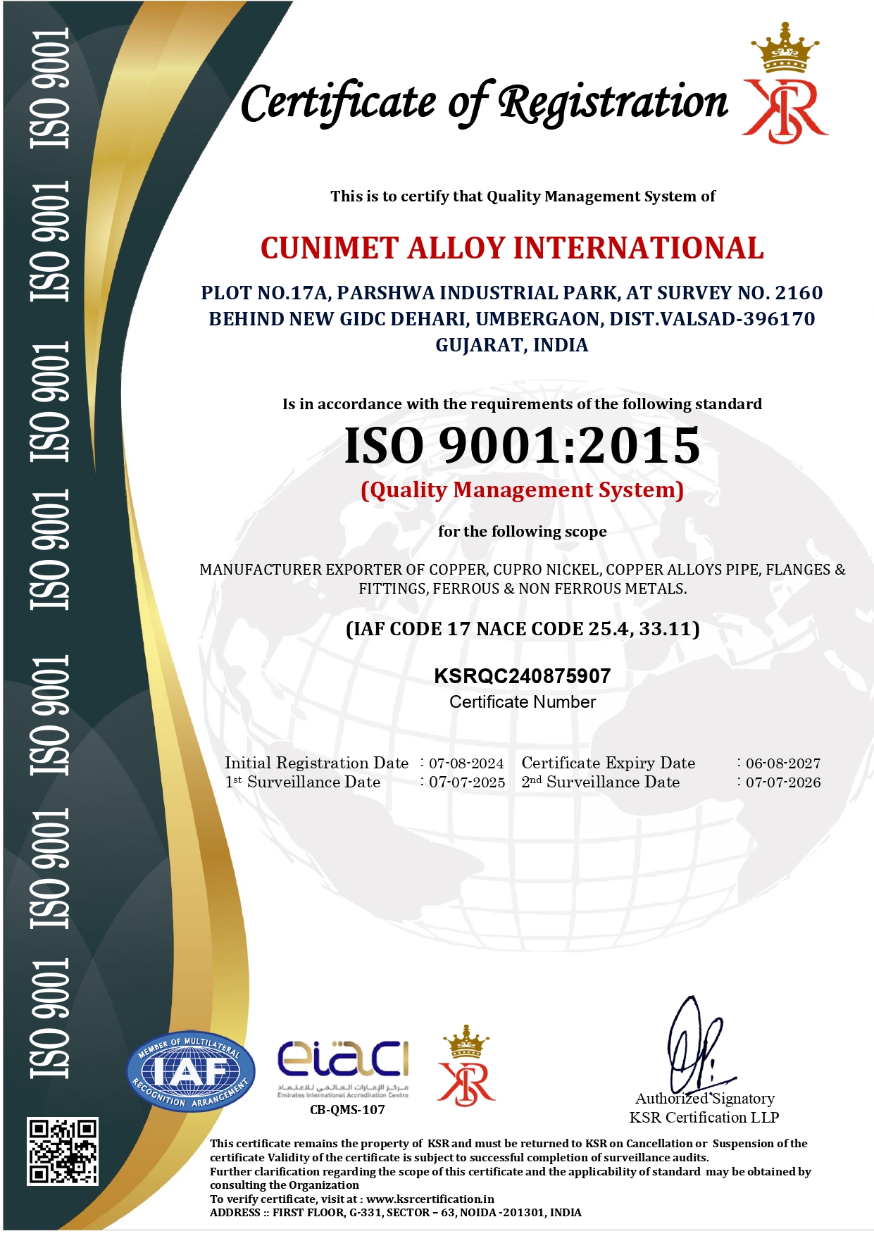 ISO 9001:2015 Certificate – Cunimet Alloy International 